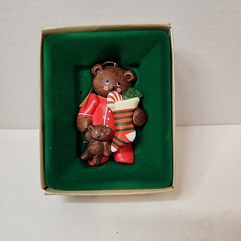 Christmas Collectibles Ornaments By Russ Bear In Pajamas Holding Teddy Bear 1980
